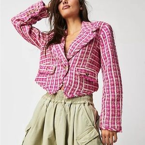 Free People Pink Tweed Cropped Blazer Jacket
